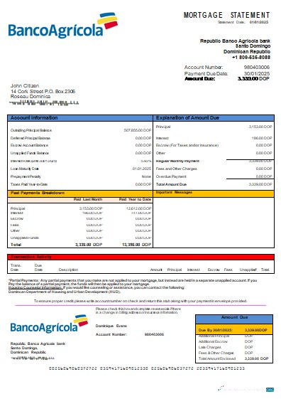 Download Dominican Republic Banco Agricola bank mortgage statement scr Photoshop template